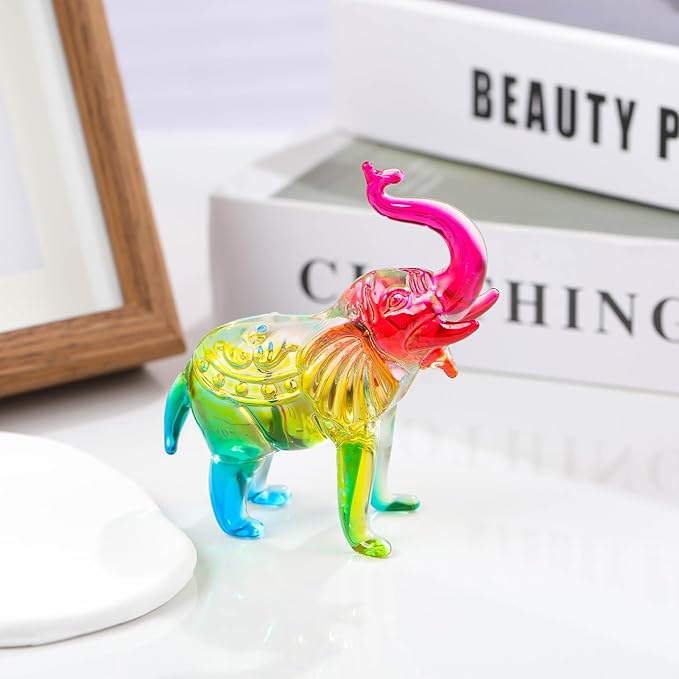 Crystal Elephant Figurine Home Decor, Glass Elephant Statue Gifts for Women Men, Crystal Animals Collectible Figurines Tabletop Decoration Elephant Sculpture with Trunk Up Ornaments (Color)