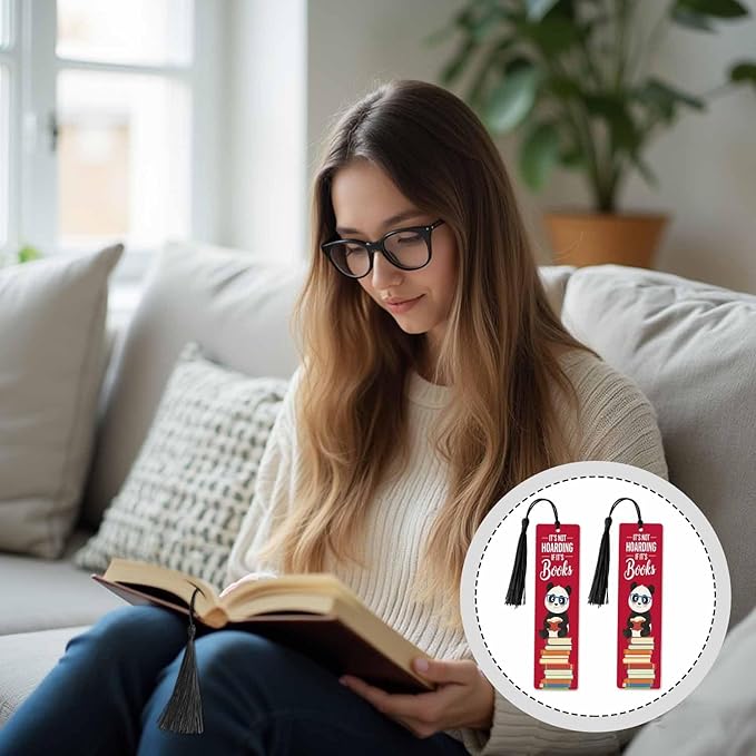 Panda Reading Bookmarks 5 Pcs Books Hoarding Red Wooden Bookmark with Tassels for Reading Book Lovers Gift Office School Readers Teacher