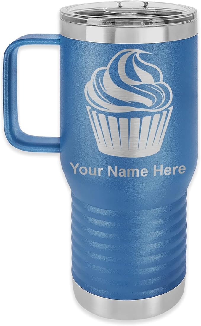 LaserGram 20oz Vacuum Insulated Travel Mug with Handle, Cup Cake, Personalized Engraving Included (Dark Blue)