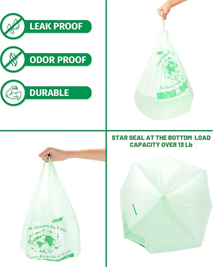 BEIDOU-PAC 100% Compostable Trash Bags, 3 Gallon Compost Bags Small Kitchen Trash Bags with Handle, 100 Count Sturdy Biodegradable Garbage Bags Food Scrap Waste Bags, ASTM D6400, US BPI Certified