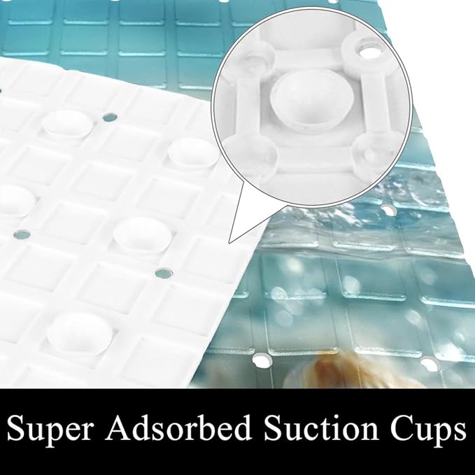 Bathtub Mats for Shower Tub, Starfish and Seashells in Blue Sea Water Ocean Background Anti-Slip Bath Mats for Inside Tub, Bathroom Shower Mats with Drain Holes and Suction Cups