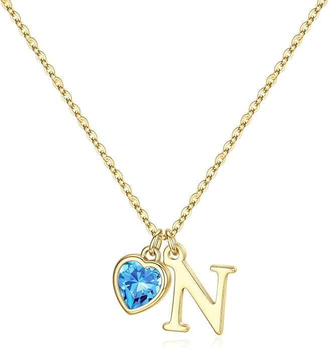 Turandoss Valentines Day Gifts for Her Trendy, Dainty 14K Gold Plated Initial A-Z Heart Birthstone Pendant Necklace Personalized Bridesmaid Birthday Valentines Jewelry Gifts for Women Girls