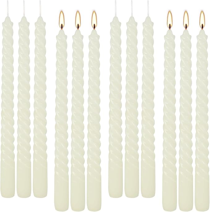 10 Inch Ivory Spiral Taper Candle Set of 12 Pack Unscented Dripless Candlesticks for Valentine's Day,Dinner,Party,Brithday,Wedding,Christmas,and Home Decoration