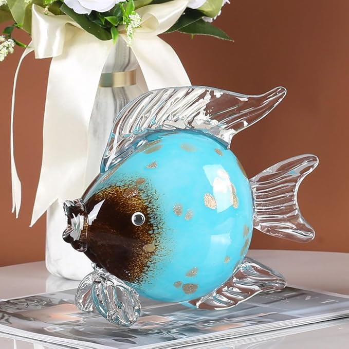 QIANLING Glass Fish Figurines - Coastal Home Decor, Modern Ocean Centerpieces for Living Room, Dining Area, Bathroom, Office, Coffee Table, Beach House, Nautical, Seaside, Entrance, Shelf Display
