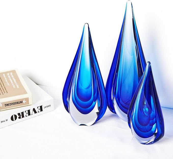 Luxury Lane Hand Blown Water Drop Sommerso Art Glass Sculpture for Home Decor 11 inch Tall Centerpiece Table Decoration