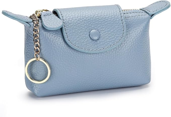 Genuine Leather Wallet Zipper Coin Purse Key Ring Card Organizer Compact Storage for Women (Blue)