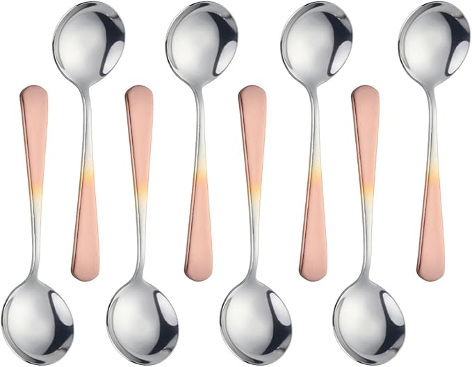 Buyer Star 8 Pieces Stainless Steel Round Soup Spoon, 6.3 Inch Mirror Polished Spoon Cutlery, Dishwasher Safe (Gradual Rose Rold)