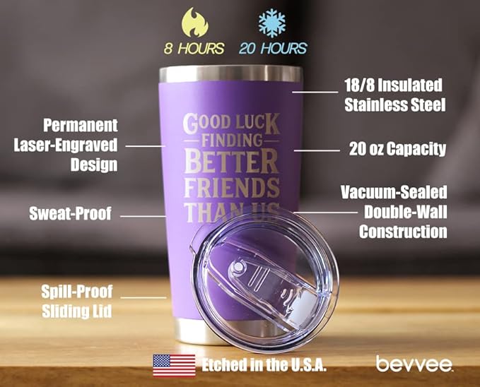 Good Luck Finding Better Friends Than Us - Insulated Coffee Tumbler Cup with Sliding Lid - Stainless Steel Insulated Mug - Funny Farewell Gift For Best Friend Moving Away - Purple