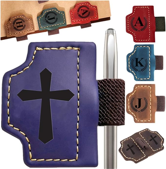 Custom Bookmark with Pen Holder with 26 Letters Personalized Magnetic Leather Book Mark, Customized Name Book Marker Clip with Initial for Men Women, Gifts for Book Lovers, Readers (Purple, Cross-1)