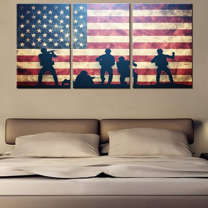 Native American Flag Artwork for Living Room 3 Panel Blue Canvas Pictures Red Stars Stripes Paintings Giclee Patriotism Wall Art Modern Home Decor Framed Ready to Hang Posters and Prints(48''Wx24''H)