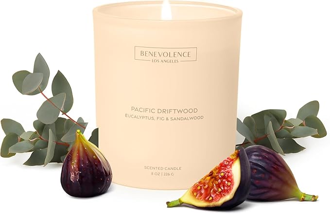 Eucalyptus, Fig & Sandalwood – Benevolence LA Scented Candle for Home | 8oz, 45-Hour Burn | Natural Soy Wax, Cotton Wick | Malibu Sands Collection, Gift for Women & Men