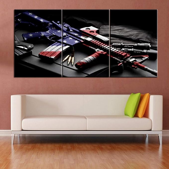 Wall Art for Living Room Handgun and American Flag Composite Paintings Black Prints Pictures on Canvas Premium Quality Artwork Giclee Modern House Decor Framed Stretched Ready to Hang(60''Wx28''H)