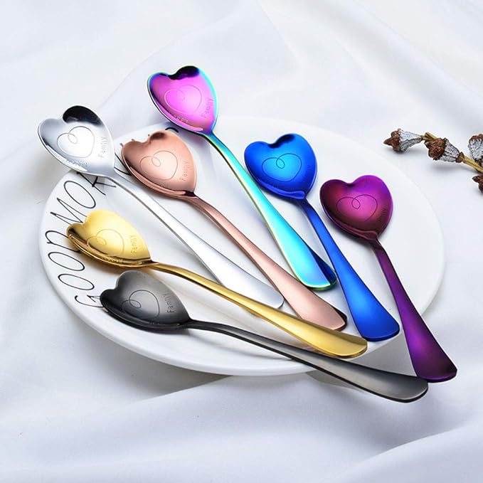 7 Stainless Steel Spoons - Heart & Love Shaped, Coffee & Dessert Spoons, Multicolor Gift Set