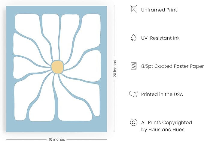 HAUS AND HUES Blue Aesthetic Daisy Artwork - Indie Posters for Room Aesthetic, Trendy Danish Pastel Decor (Unframed, 16x20)
