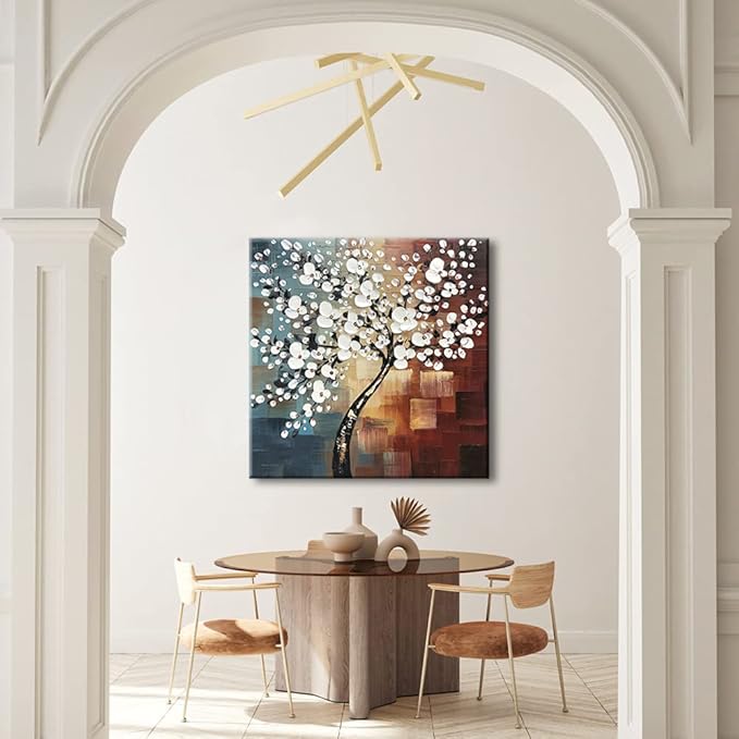 Wieco Art Large Modern Abstract White Flowers Oil Paintings on Canvas Wall Art Morning Glory 100% Hand Painted Floral Gallery Wrapped Artwork for Living Room Bedroom Home Office Decor