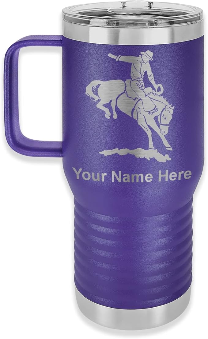 LaserGram 20oz Vacuum Insulated Travel Mug with Handle, Bronco Rider, Personalized Engraving Included (Dark Purple)