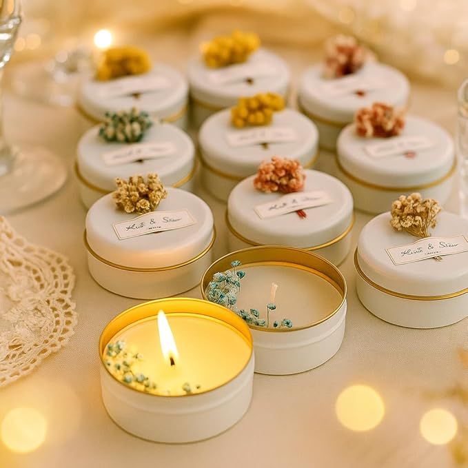 Personalized Natural Soy Wax Wedding Favor Candle Gift Set for Guest - Fall Winter Christmas Custom Dried Flower Bridal Baby Shower Gifts in Bulk (Pink Flower, 60 Pieces)