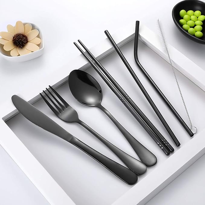 Travel Utensils,Reusable Silverware Set To Go Portable Cutlery Set with a Waterproof Carrying Case for Lunch Boxes Workplace Camping Picnic (Black)