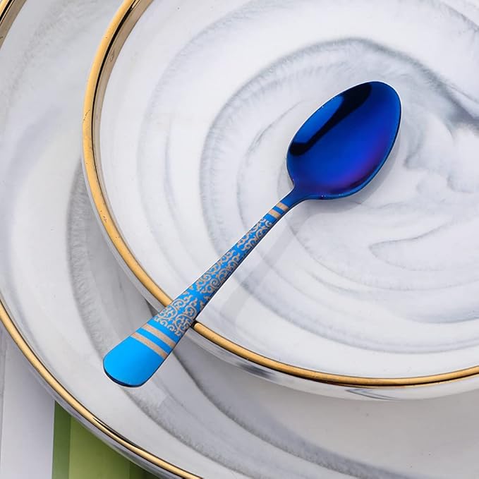 Blue Unique Pattern Design Coffee Espresso Spoons Mini, Mingcheng Stainless Steel Small Teaspoons Silverware Set of 12, BISDARUN 5.5 Inches Food Spoons for Demitasse Dessert Tea