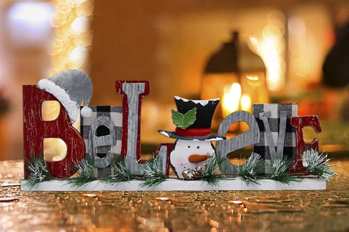 E-View Wooden Snowman Believe Sign, Classic Red Christmas Decor, Tabletop Sign for Home, Shelf, Fireplace, Mantel