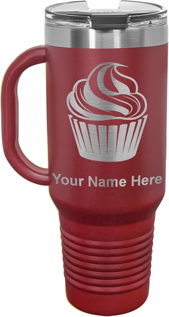 LaserGram 40oz Vacuum Insulated Travel Mug with Handle, Cup Cake, Personalized Engraving Included (Maroon)