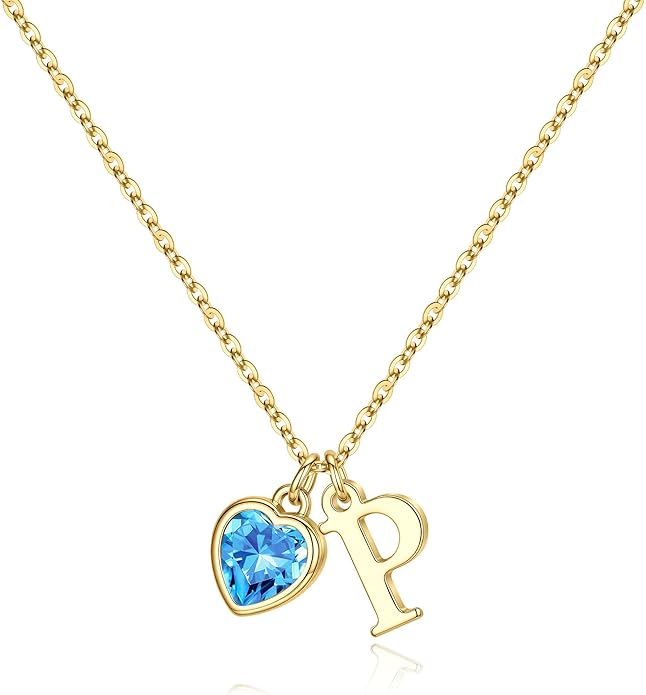 Turandoss Valentines Day Gifts for Her Trendy, Dainty 14K Gold Plated Initial A-Z Heart Birthstone Pendant Necklace Personalized Bridesmaid Birthday Valentines Jewelry Gifts for Women Girls