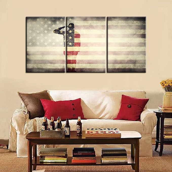 Native American Flag Paintings Patriotism Pictures Soldier Wall Art Stars Stripes Artwork for Living Room 3 panel Printed on Canvas Modern Home Decor Giclee Framed Stretched Ready to Hang(48''Wx24''H)