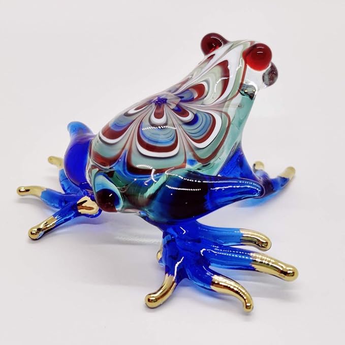 WitnyStore 2¾" Swirl Blue Red Frog Artistic Blown Glass Figurine Premium Hand-Blown Statue Tabletop Decoration Unique Collectible for Adult Collectors Handcrafted Elegant Home Room Decor