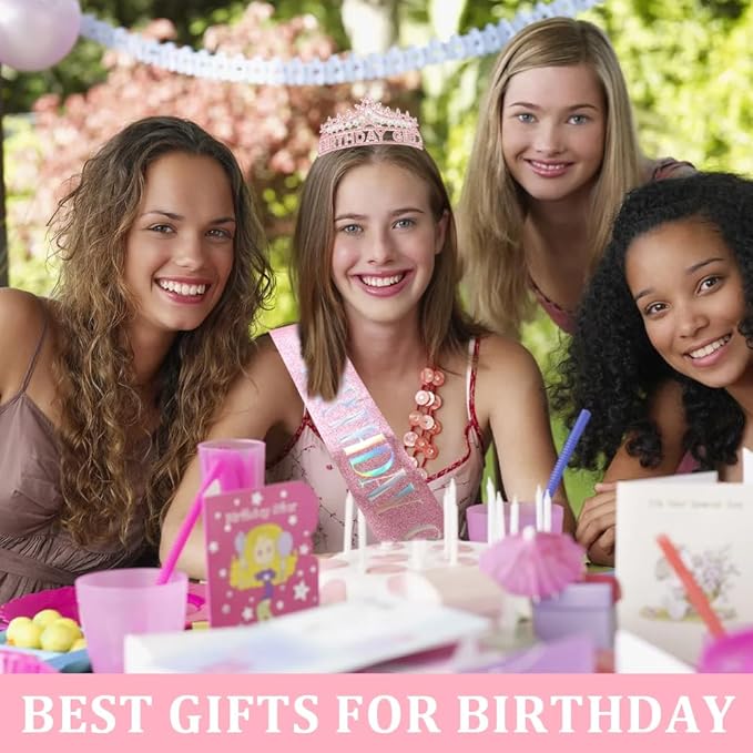 Pink Birthday Girl Crown and Sash, Pearl Birthdays tiara Pink Birthday Decorations Set, Princess Crown Tiara for Women and Girls