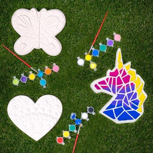 Creative Roots Paint Your Own Stepping Stones Multipack with Butterfly, Unicorn, & Heart, 3 Ceramic Stepping Stones (7 Inch Each), 18 Acrylic Paints, 3 Paintbrushes, Ages 8+ - Image 2