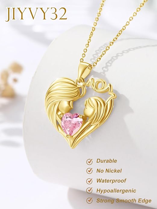Mother and Daughter/Son Love Heart Necklace White Gold/14K Gold/Rose Gold Birthstone Jewelry Christmas Mothers Day Birthday Gifts For Mom Wife Grandma Women