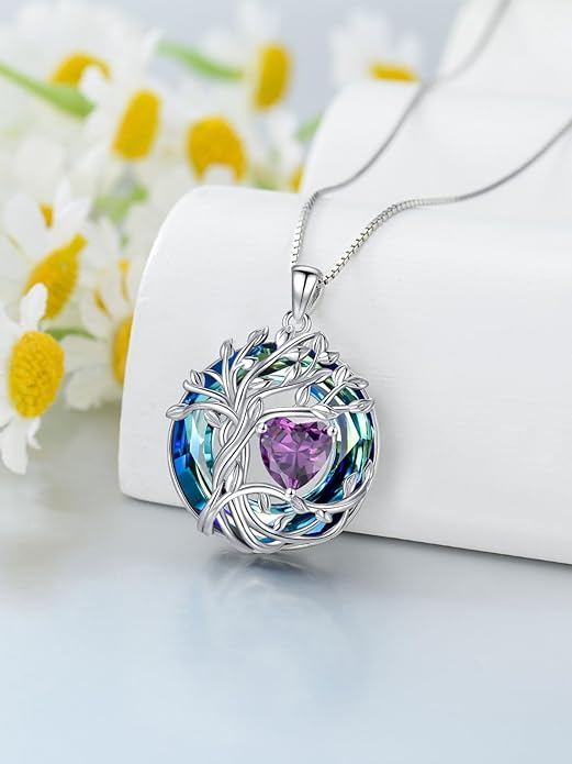 TOUPOP Tree of Life Birthstone Necklace 925 Sterling Silver Pendant Austrian Crystal Jewelry Anniversary Valentine's Day Birthday Gifts for Women Mom Her Wife