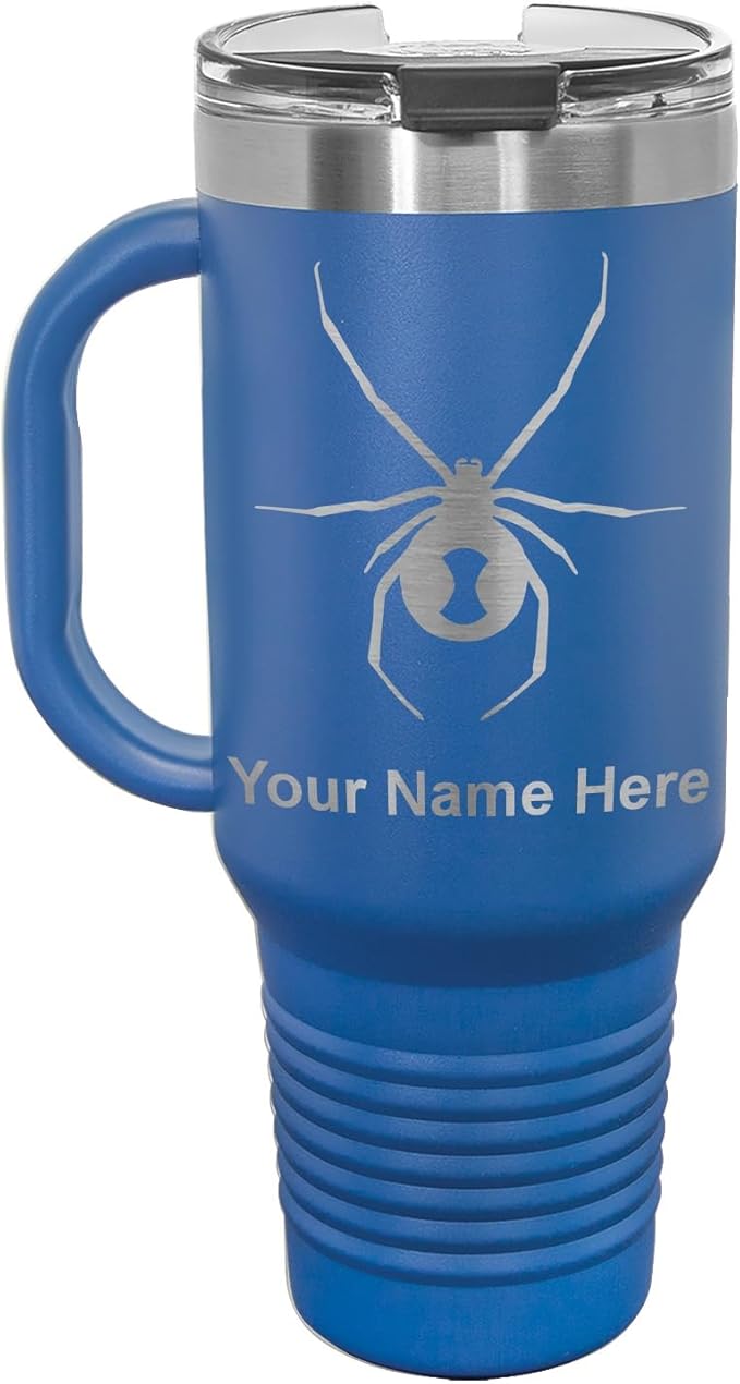 LaserGram 40oz Vacuum Insulated Travel Mug with Handle, Black Widow Spider, Personalized Engraving Included (Dark Blue)