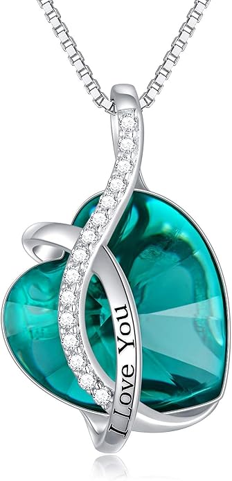 AOBOCO I Love You Sterling Silver 12 Birthstone Heart Pendant Necklace Embellished with Crystals from Austria, Mother's Day Anniversary Birthday Jewelry Christmas Gifts for Women Grandma Nana