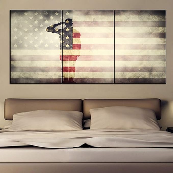 Native American Flag Paintings Patriotism Pictures Soldier Wall Art Stars Stripes Artwork for Living Room 3 panel Printed on Canvas Modern Home Decor Giclee Framed Stretched Ready to Hang(48''Wx24''H)