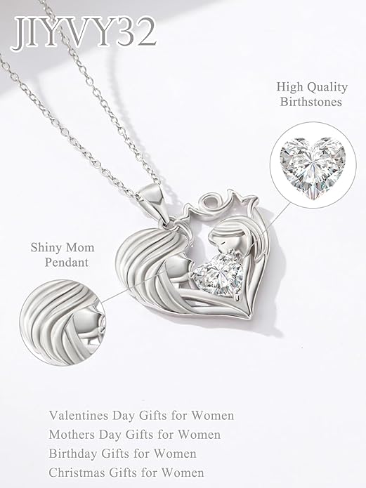 Mother and Daughter/Son Love Heart Necklace White Gold/14K Gold/Rose Gold Birthstone Jewelry Christmas Mothers Day Birthday Gifts For Mom Wife Grandma Women
