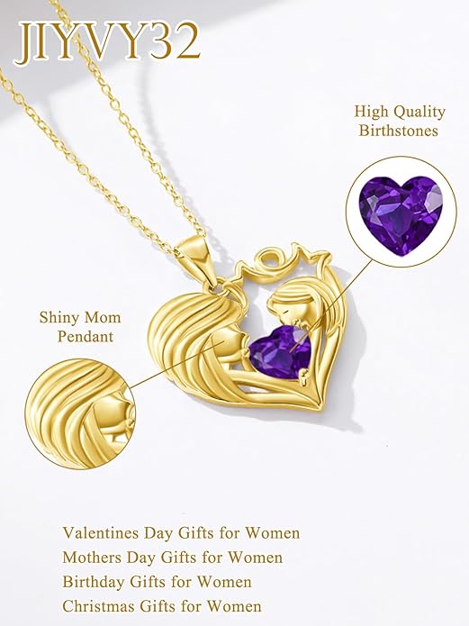 Mother and Daughter/Son Love Heart Necklace White Gold/14K Gold/Rose Gold Birthstone Jewelry Christmas Mothers Day Birthday Gifts For Mom Wife Grandma Women
