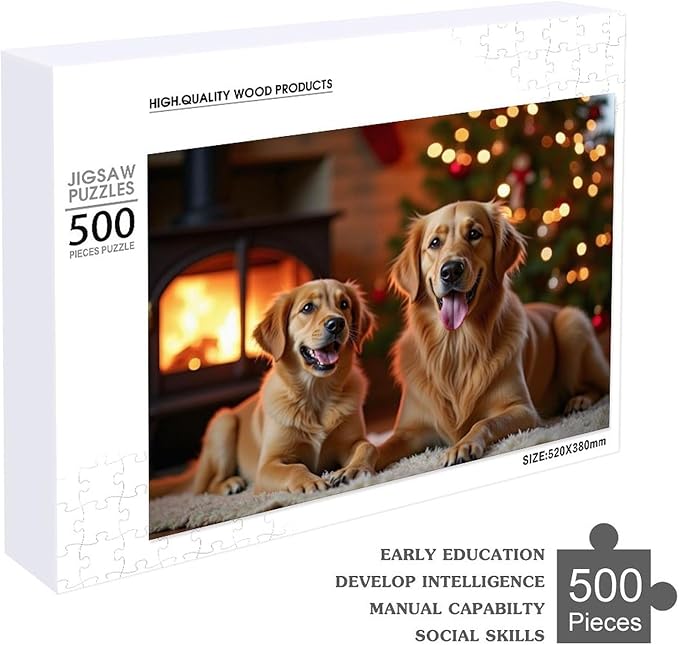 Wooden Puzzle - Golden Retriever in The Christmas House Jigsaw Puzzles，Wooden Puzzles for Adults 500 Pieces Challenge Puzzles，Educational Games，Family Puzzles，Unique Gifts for Wall Art