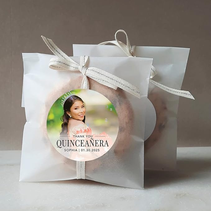 Andaz Press 40-Pack Personalized 2" Round Circle Quinceañera Labels, Thank You Sticker Labels with Custom Photo for Mis Quince Favors, Invitations, XV, 15th Birthday, Quinceanera Decorations