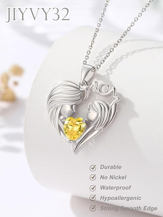 Mother and Daughter/Son Love Heart Necklace White Gold/14K Gold/Rose Gold Birthstone Jewelry Christmas Mothers Day Birthday Gifts For Mom Wife Grandma Women