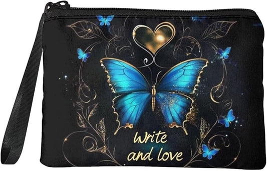 Dolyues Vintage Girls Coin Purse Wallets for Women, Blue Butterfly Print Handbags with Wrist Strap Zip Around, Small Wallet for Wife Birthday, Polyester Change Purse Pouch Bag