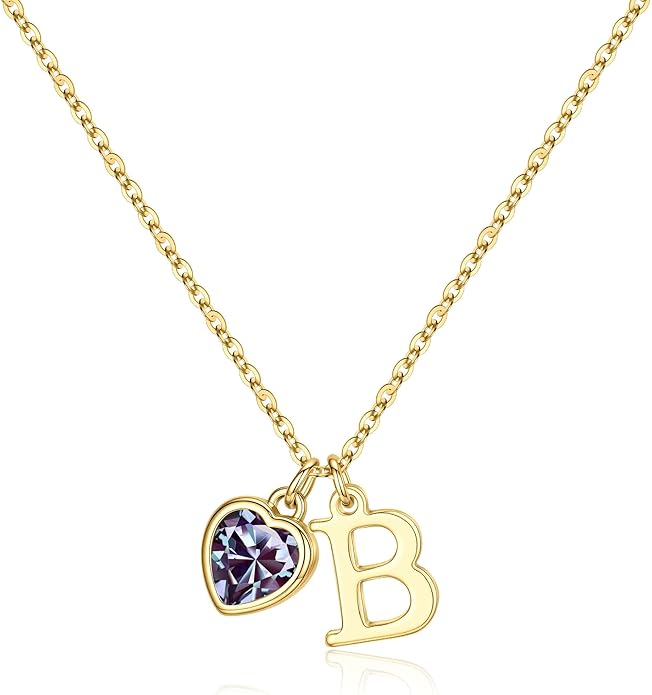 Turandoss Valentines Day Gifts for Her Trendy, Dainty 14K Gold Plated Initial A-Z Heart Birthstone Pendant Necklace Personalized Bridesmaid Birthday Valentines Jewelry Gifts for Women Girls