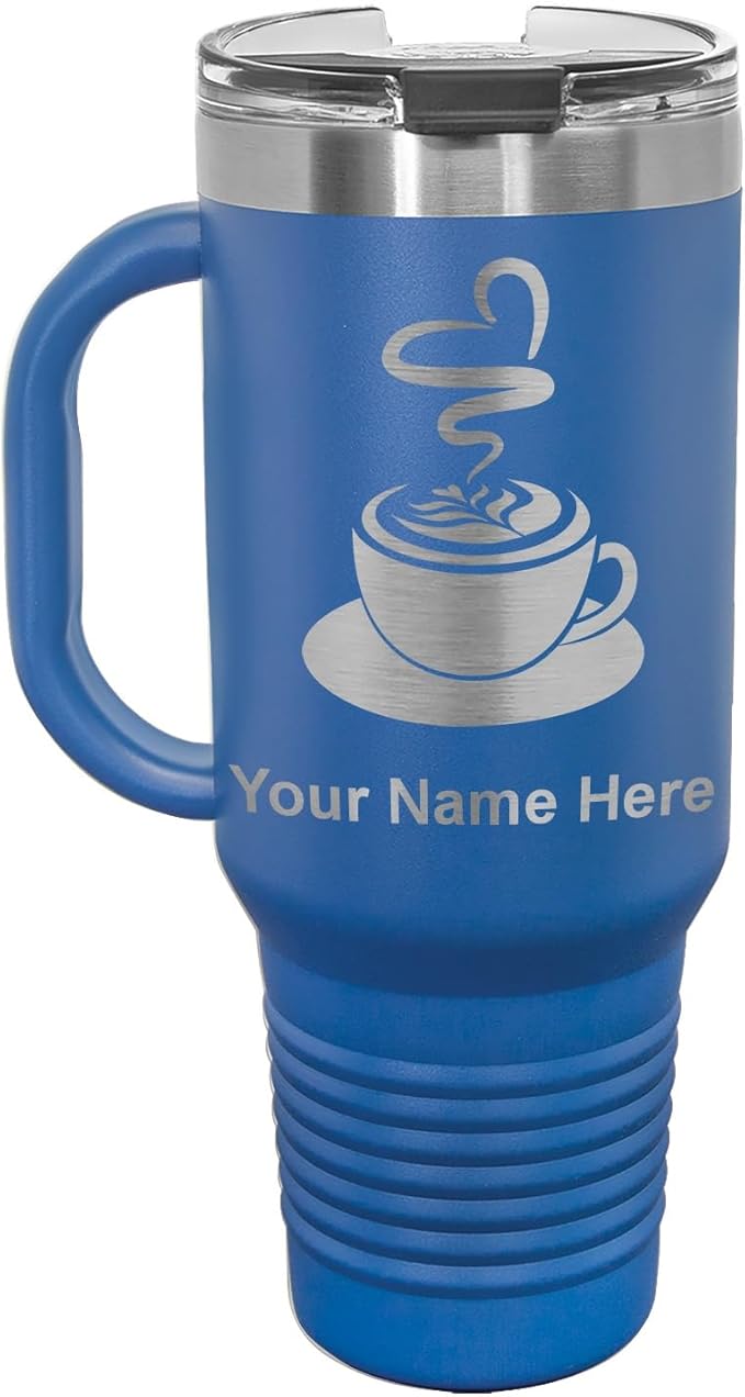 LaserGram 40oz Vacuum Insulated Travel Mug with Handle, Cup of Coffee, Personalized Engraving Included (Dark Blue)