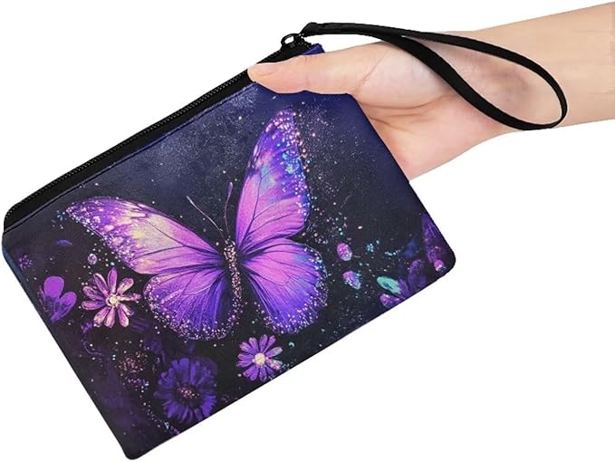 Dolyues Purple Zipper Coin Pouch Butterfly Small Womens Wallet With Coin Purse Womens Change Purse Trendy Money Bag Wristlet Desgin Coin Pouch