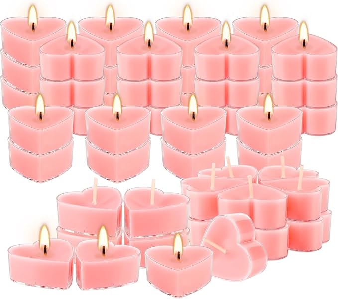 50Pcs Valentines Day Tealight Candles Rose Scented in Clear Cup,Love Pink Wax Votive Candle for Valentine's Day,Home Decor,Wedding, Anniversary, 4Hours Heart Shaped
