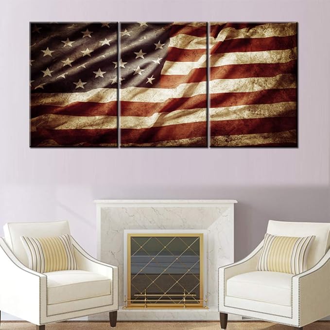 Native America Pictures Wall Decor Retro USA Flags Paintings for Living Room White Stars Grunge Wall Art on Canvas Freedom Symbol Artwork Home Decor Giclee Framed Stretched Ready to Hang(48''Wx24''H)