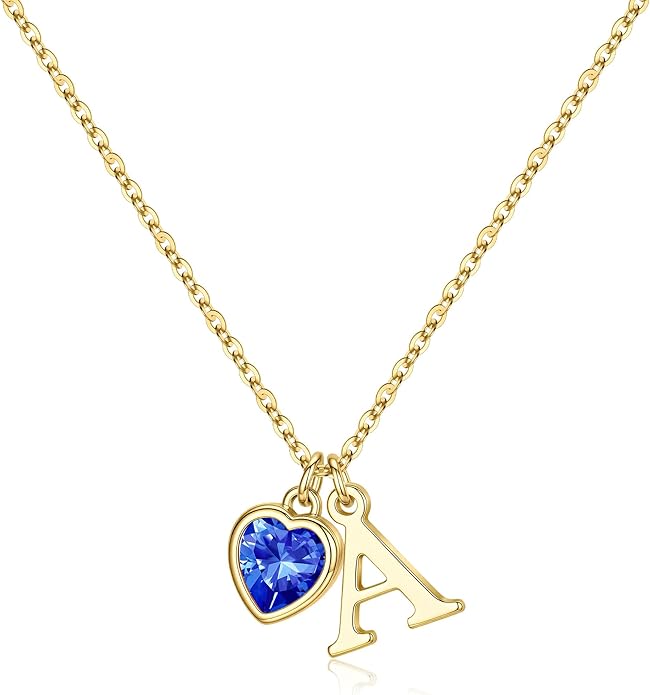 Turandoss Valentines Day Gifts for Her Trendy, Dainty 14K Gold Plated Initial A-Z Heart Birthstone Pendant Necklace Personalized Bridesmaid Birthday Valentines Jewelry Gifts for Women Girls