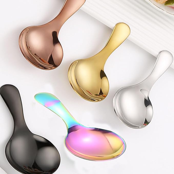 6 Pcs Stainless Steel Short Handle Thickened Small Round Spoons For Honey Candy Coffee Tea Salt Jam and Mustard - Ice Cream Dessert Spoon (B Chroma)