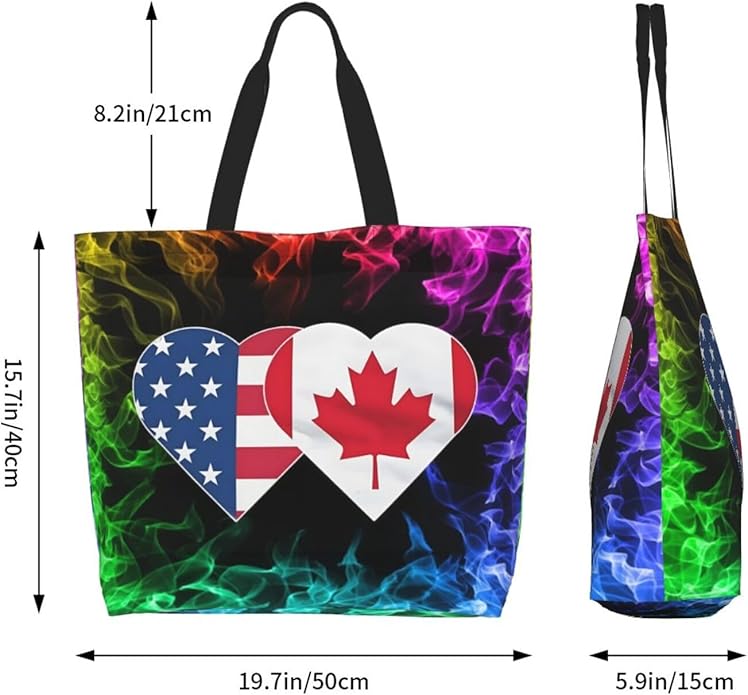 USA Canada Flag Heart Large Reusable Eco-friendly Shopping Bags Portable Storage Handbag