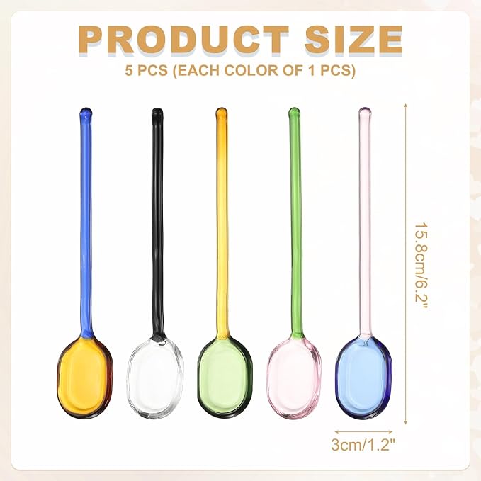 uxcell 1 Set Glass Coffee Spoons, 6.2 Inch Coffee Stirring Spoon, Long Handle Teaspoons for Tea Cocktail Milkshake Cold Drink, Pink/Green/Blue/Yellow/Black